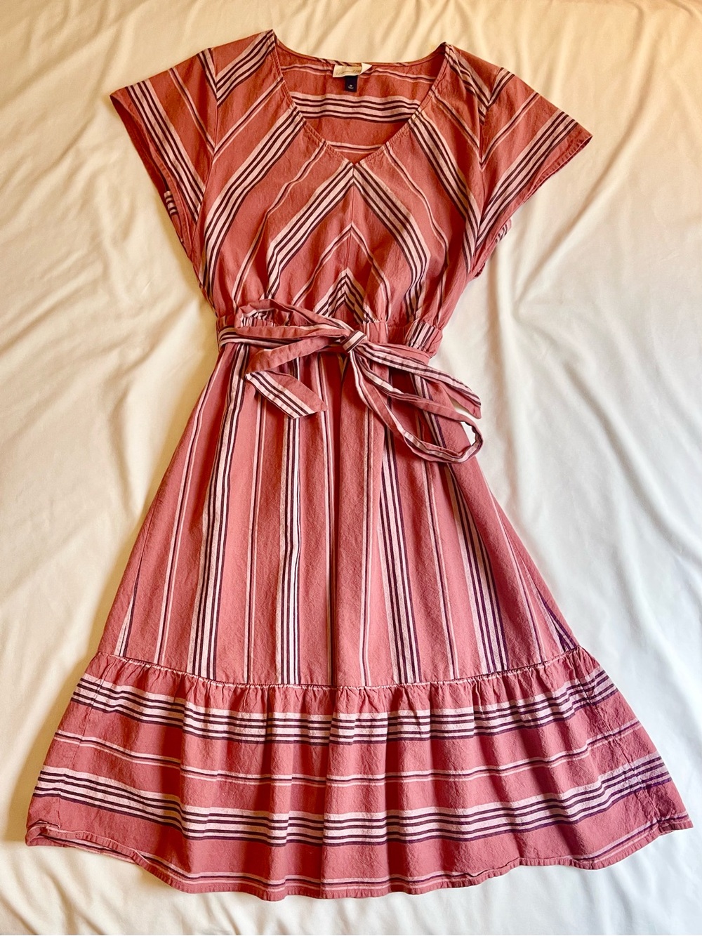 Universal Thread Striped Tie-Waist Cotton Midi Dress in Dusty Rose